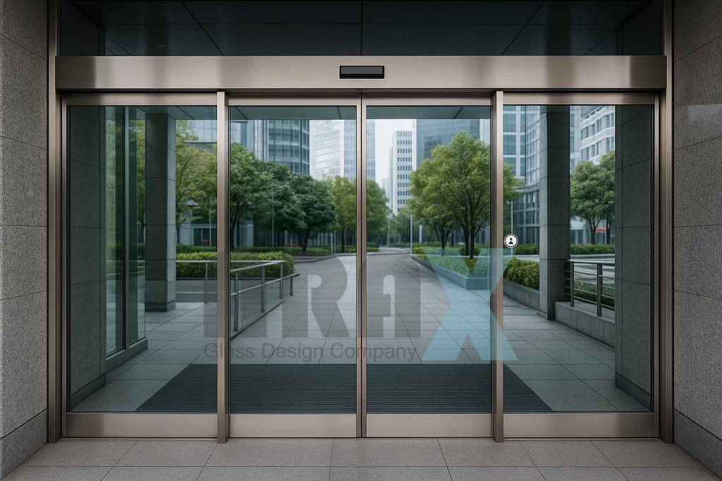 درب شیشه ای سکوریت با یراق‌آلات استیل مناسب فضای اداری