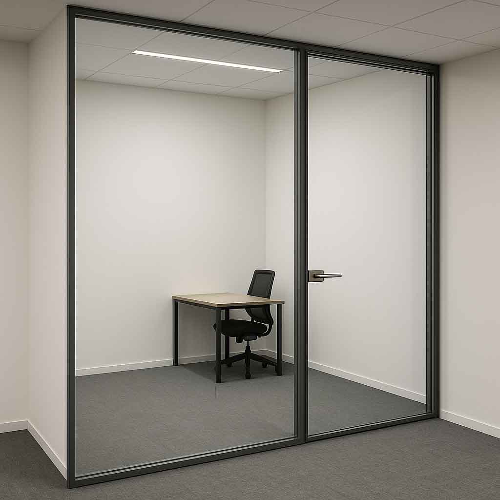 پارتیشن شیشه ای تک جداره با فریم مشکی در فضای اداری مدرن